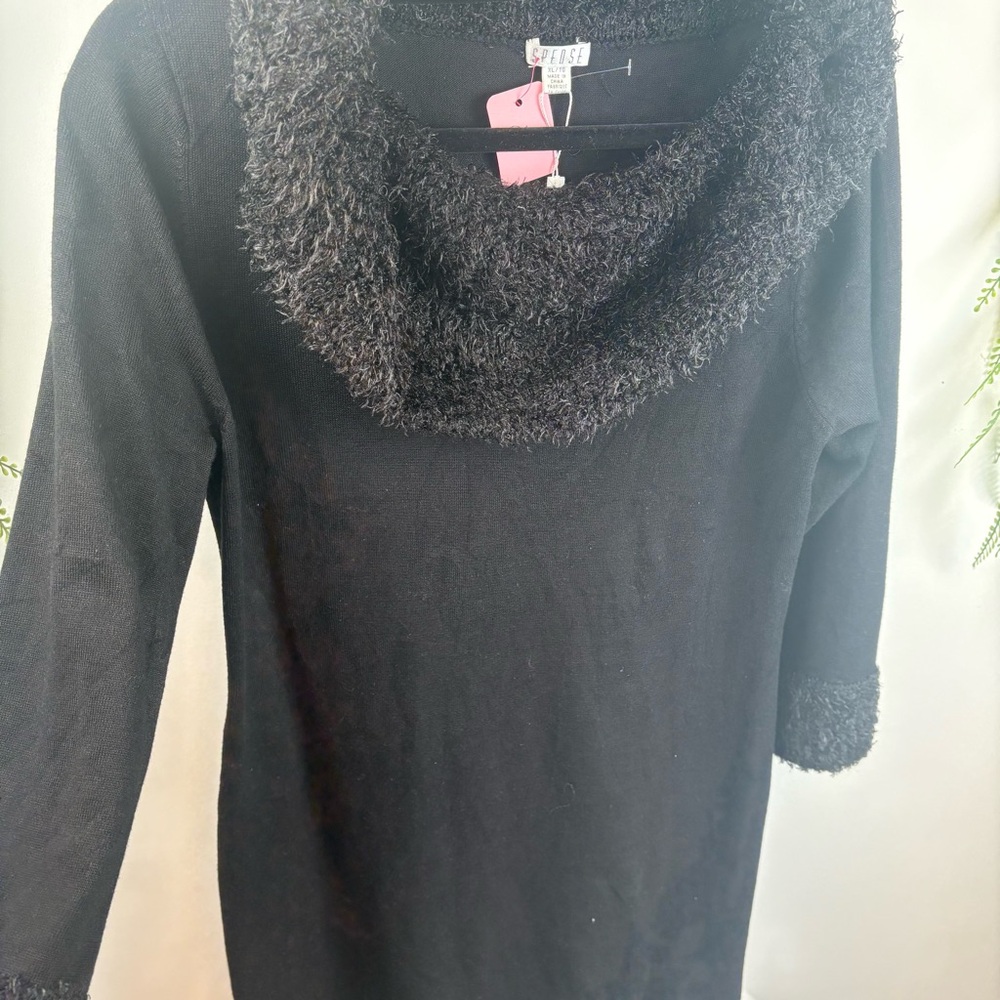 Black dress with faux fur trim collar and sleeves. Size large. Brand- Spense.